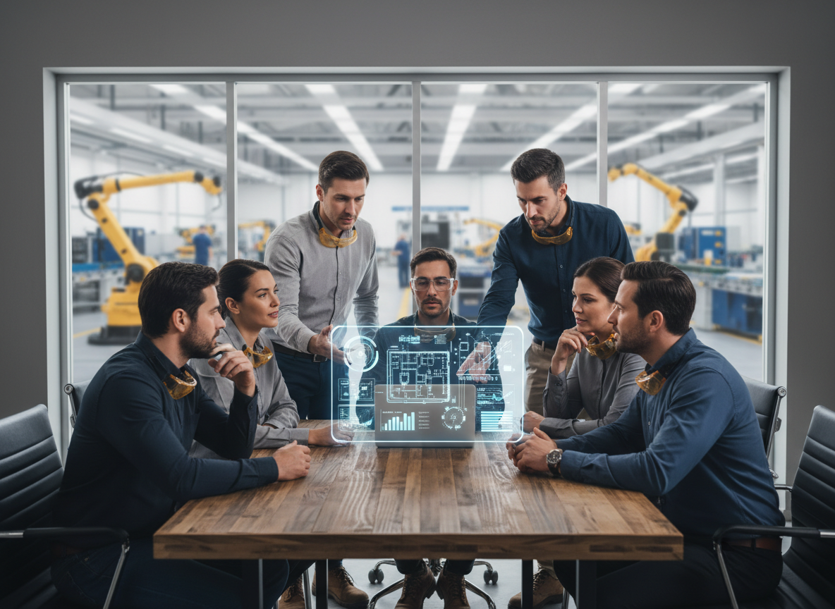 Firefly_Gemini Flash_Small group of manufacturing leaders around a table reviewing a single clear dashboar 878837